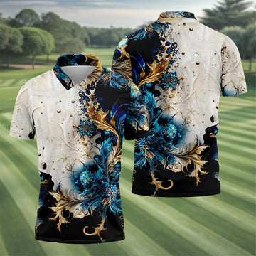 Metallic Flower Fractal Art Hawaiian Golf Shirt, Retro Golf Shirt, Polo Shirts For Men