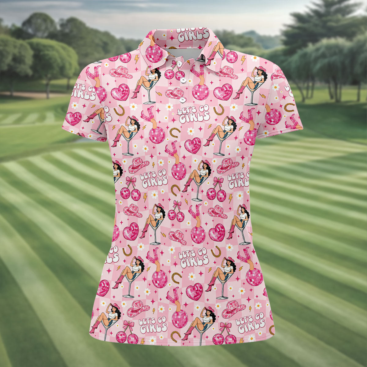 Let's Go Girls Pink Cowgirl Golf Polo Shirt, Ladies Golf Tops, Women's Golf Apparel