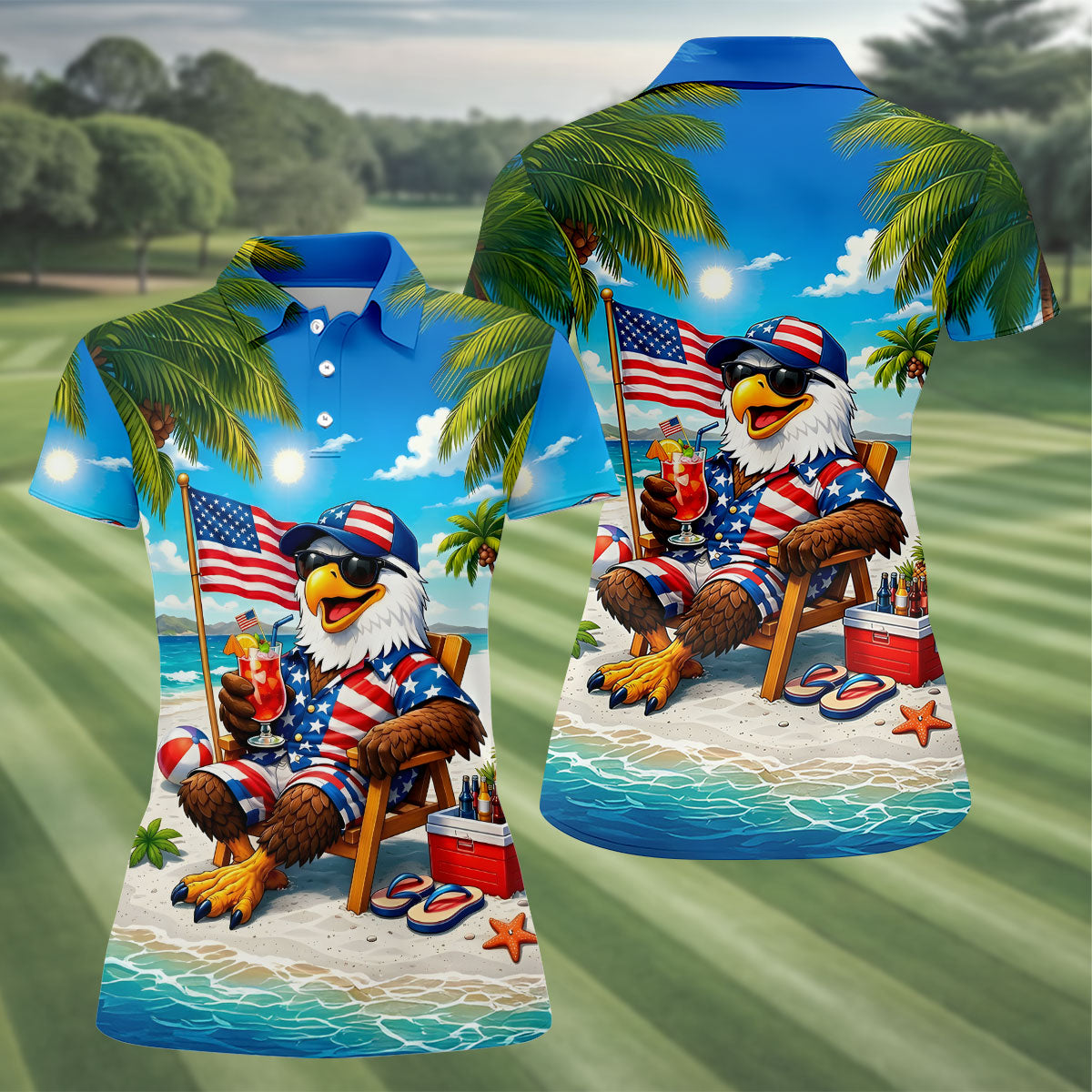 Funny Bald Eagle US Flag Pattern Hawaiian Golf Shirt, 250 Years Patriotic 4th Of July Golf Shirt For Women
