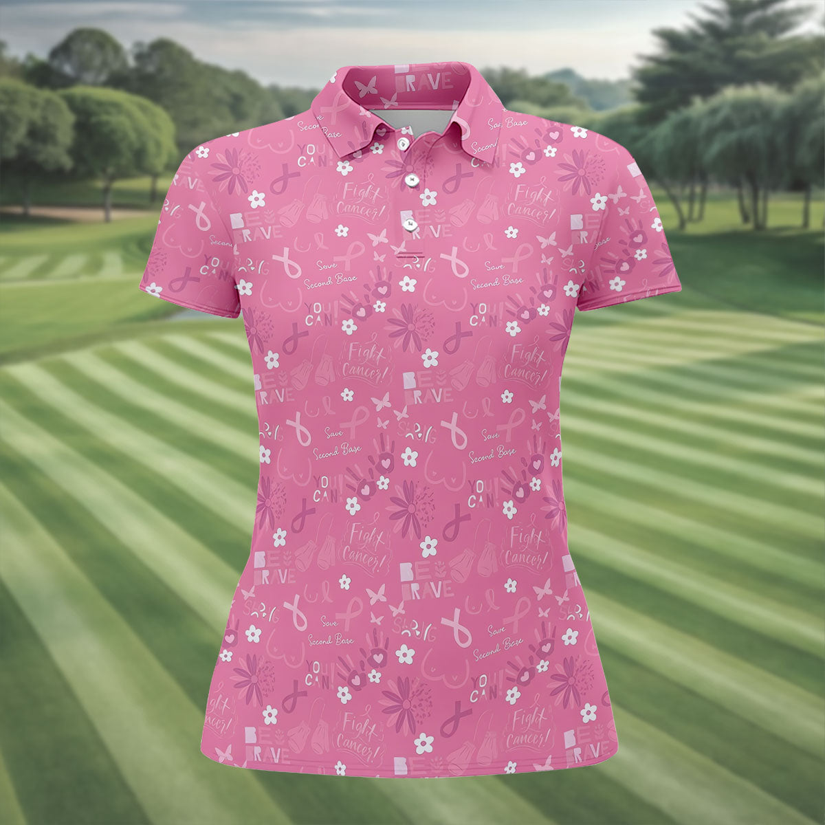 Save Second Base Fight Breast Cancer Polo Shirt, Women’s Golf Polo, Ladies Golf Shirts