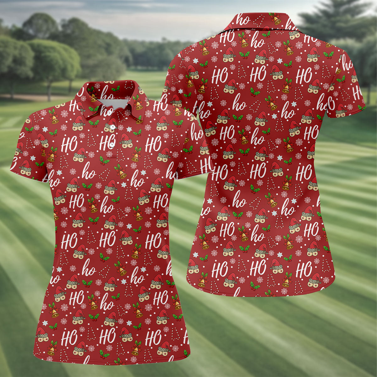 Funny Ho Ho Ho Naughty Tits Christmas Golf Shirt, Golf Christmas Gifts, Ladies Golf Shirts