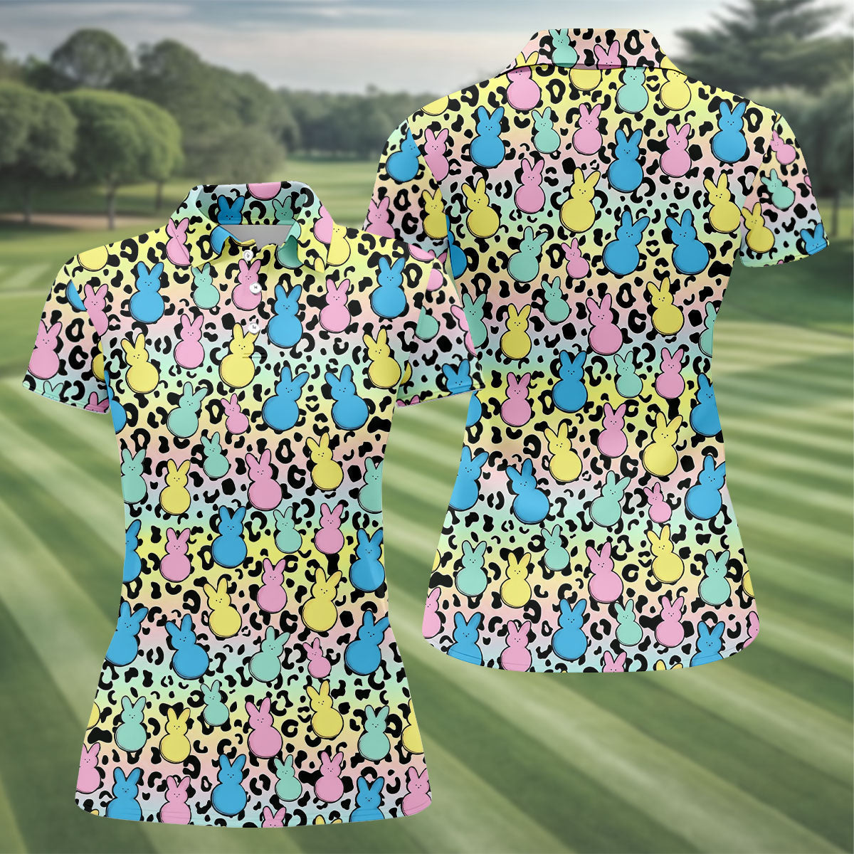 Pastel Easter Bunny Leopard Print Polo Shirt, Women’s Golf Apparel, Hawaiian Golf Shirt, Printed Golf Shirt