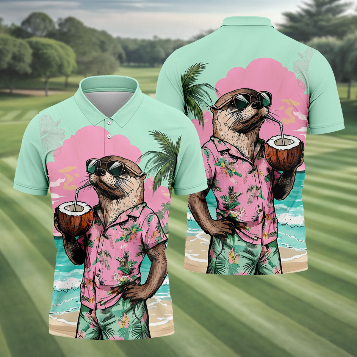 Funny Otter Tropical Summer Hawaiian Golf Shirt, Polo Shirts For Men, Golfing Apparel