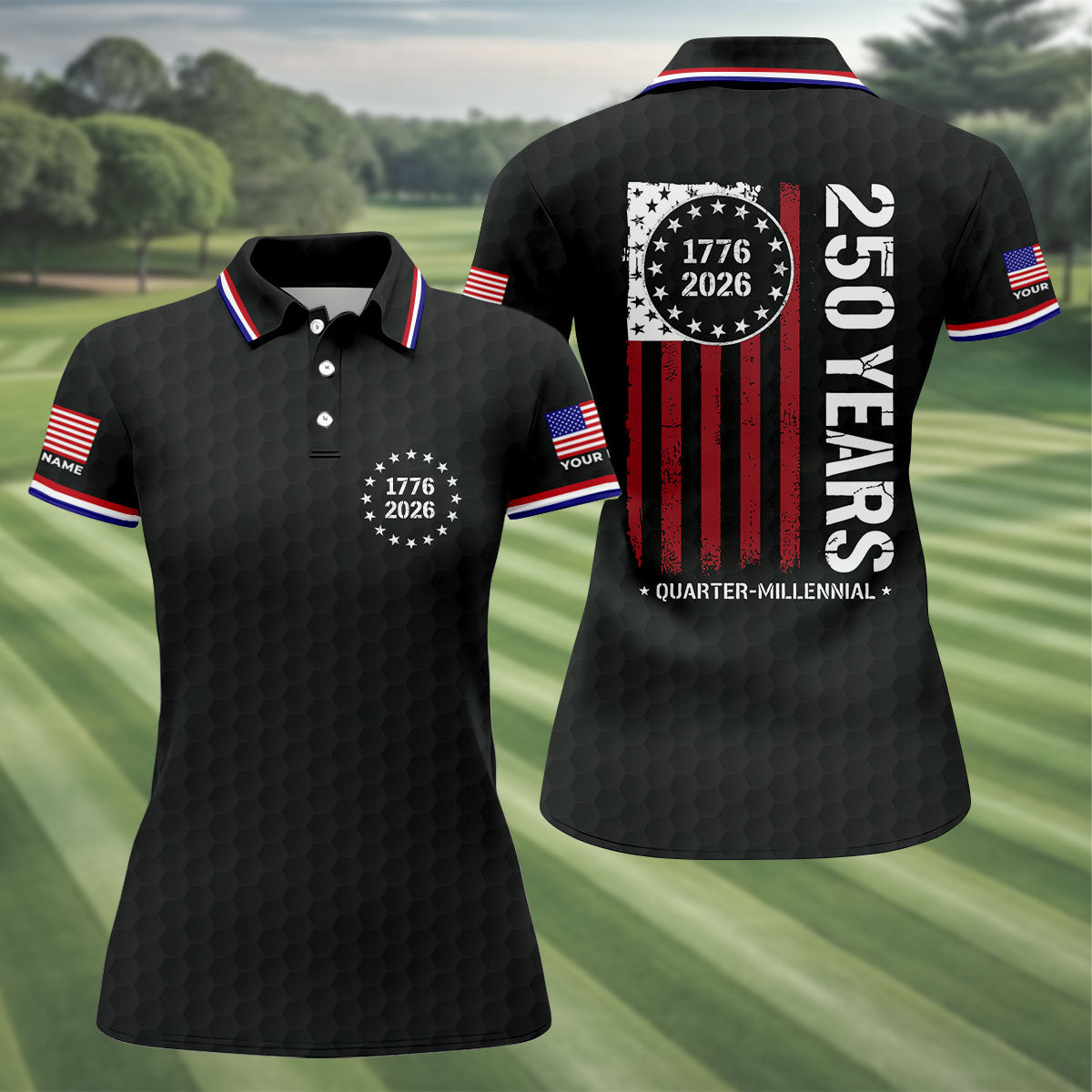 250 Years Quarter Millennnial Golf Ball Pattern Black Patriotic Golf Shirt, 4th Of July Golf Shirt For Women