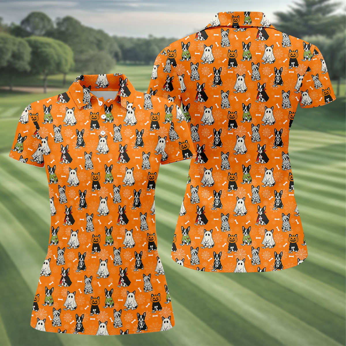 Halloween Dog Costume Pattern Golf Polo Shirt, Womens Golf Tops, Halloween Shirt For Women