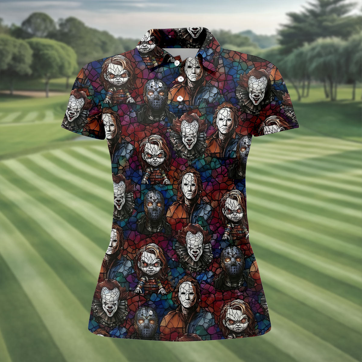 Stained Glass Horror Character Halloween Golf Shirt, Ladies Golf Shirts, Women’s Golf Polo