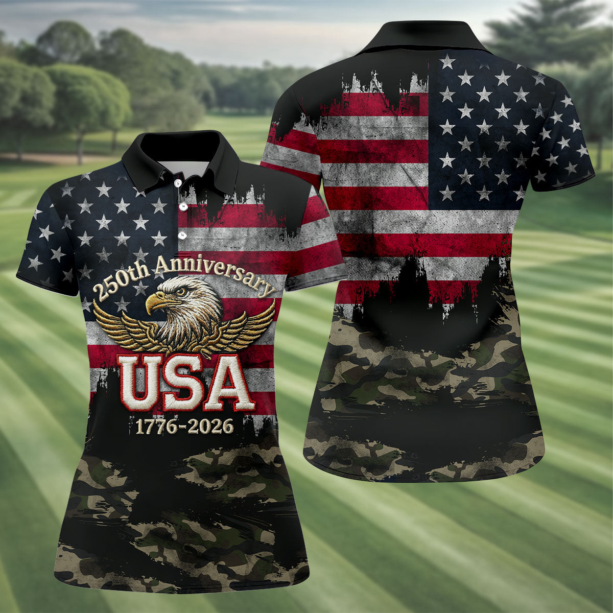 250th Anniversary Camo Golf Shirt, Distressed US Flag Patriotic 4th Of July Golf Shirt For Women