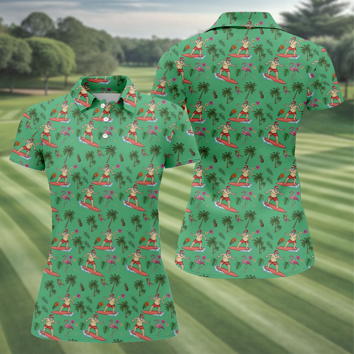 Santa Flamingo Tropical Golf Shirt, Christmas Golf Shirt, Women’s Golf Apparel