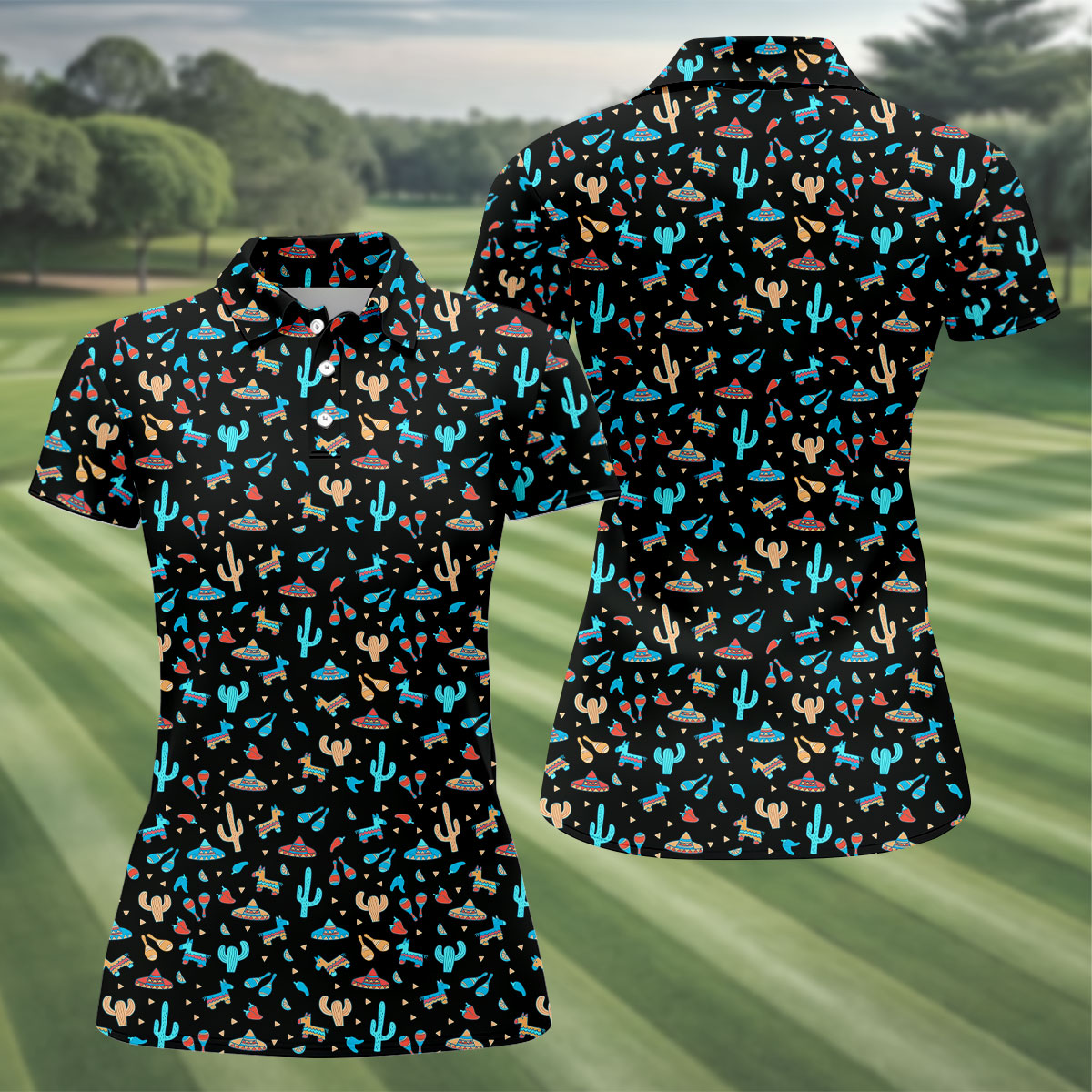 Blue And Beige Cacti Mini Pinatas Cinco De Mayo Celebration Fiesta Themed Golf Shirt For Women