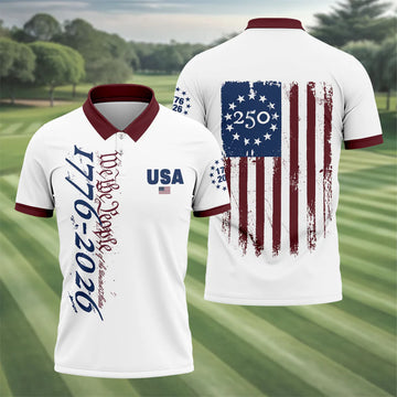 We The People 1776-2026 Patriotic Golf Polo - America 250th Anniversary Men's White Shirt, Betsy Ross Flag Style