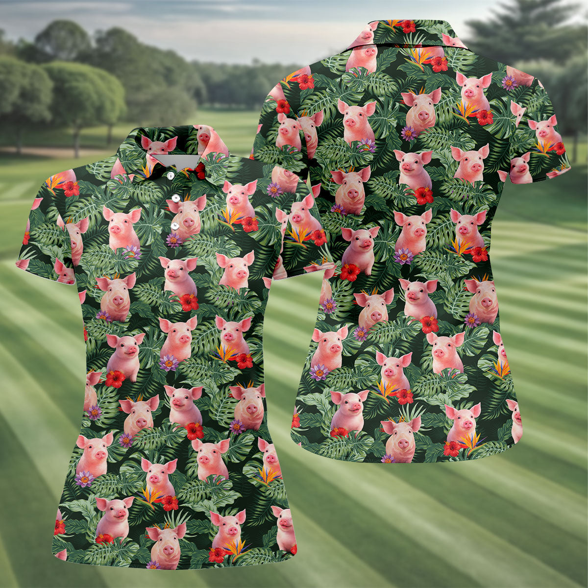 Cute Pig Tropical Monstera Hawaiian Golf Polo Shirt, Golf Shirts For Women, Women's Golf Apparel