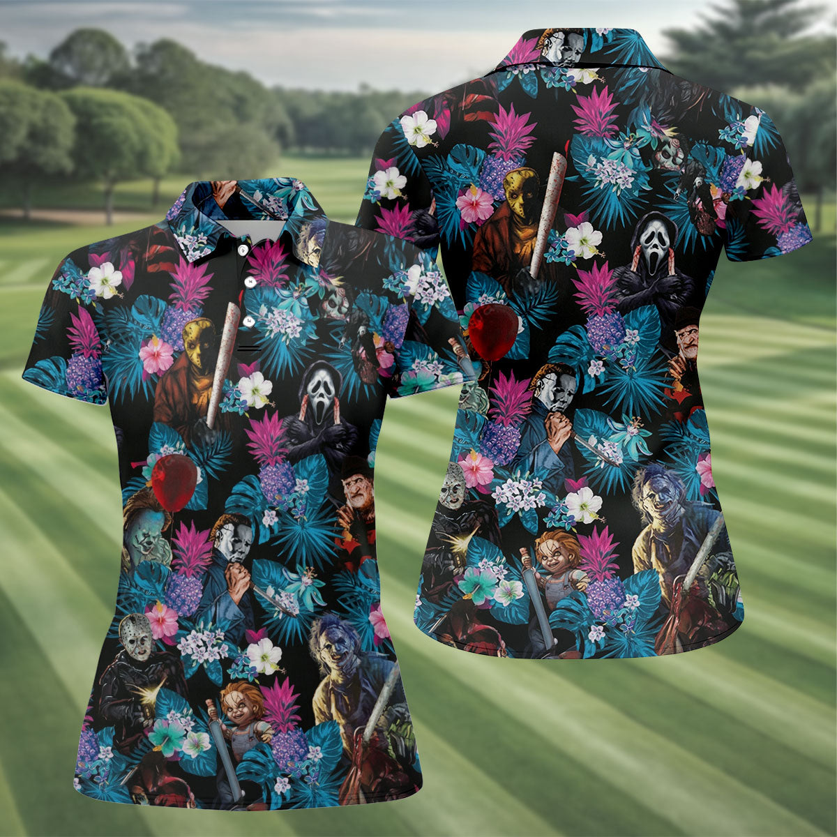 Tropical Horror Movie Villains Halloween Golf Polo Shirt, Golf Shirts For Women, Ladies Golf Tops