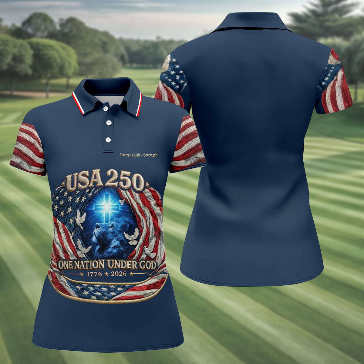 One Nation Under God Faith Cross USA 250 Navy Golf Shirt, 4th Of July Golf Shirt For Women