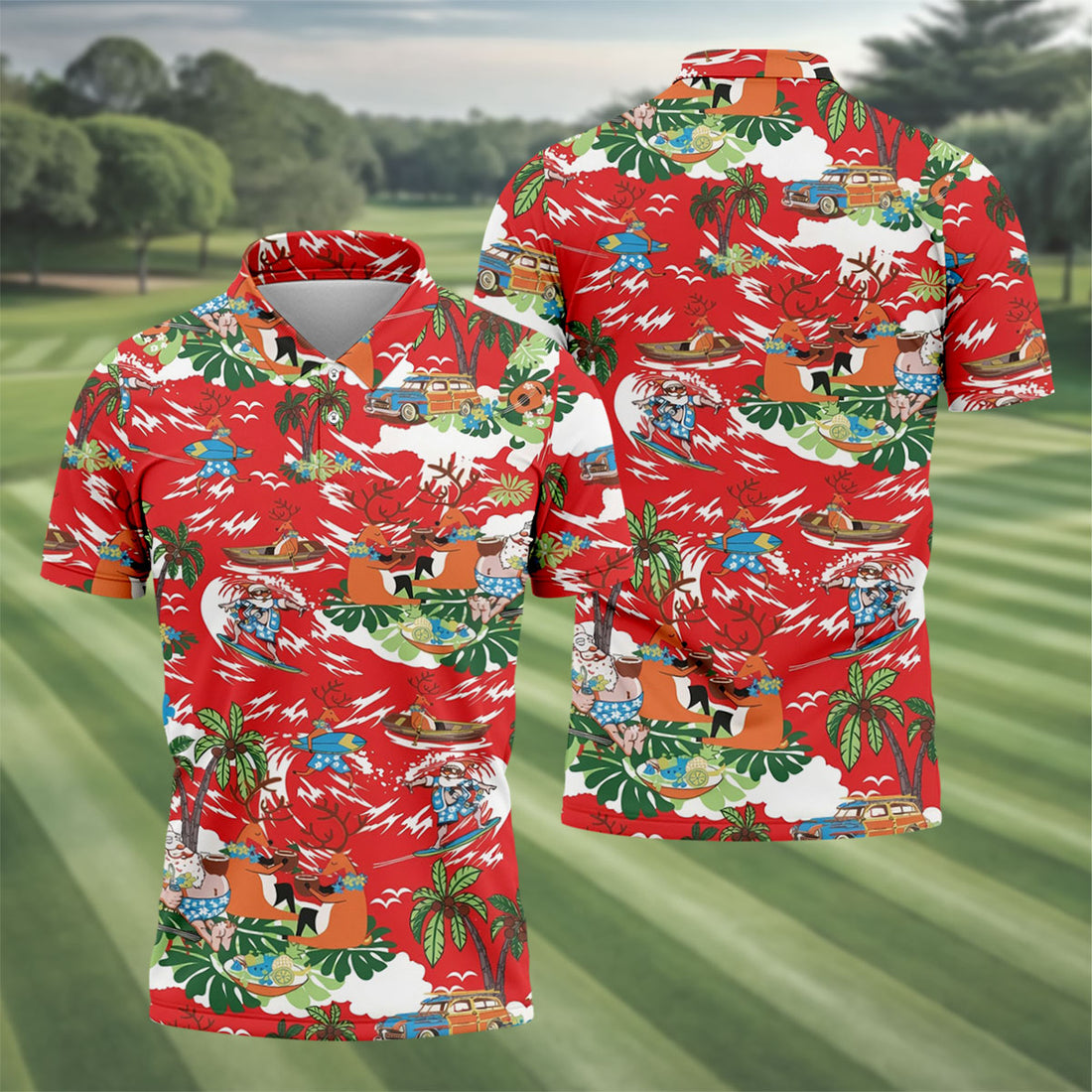 Men's Funny Tropical Santa Surfing Golf Shirt, Christmas Golf Shirt, Printed Golf Shirts
