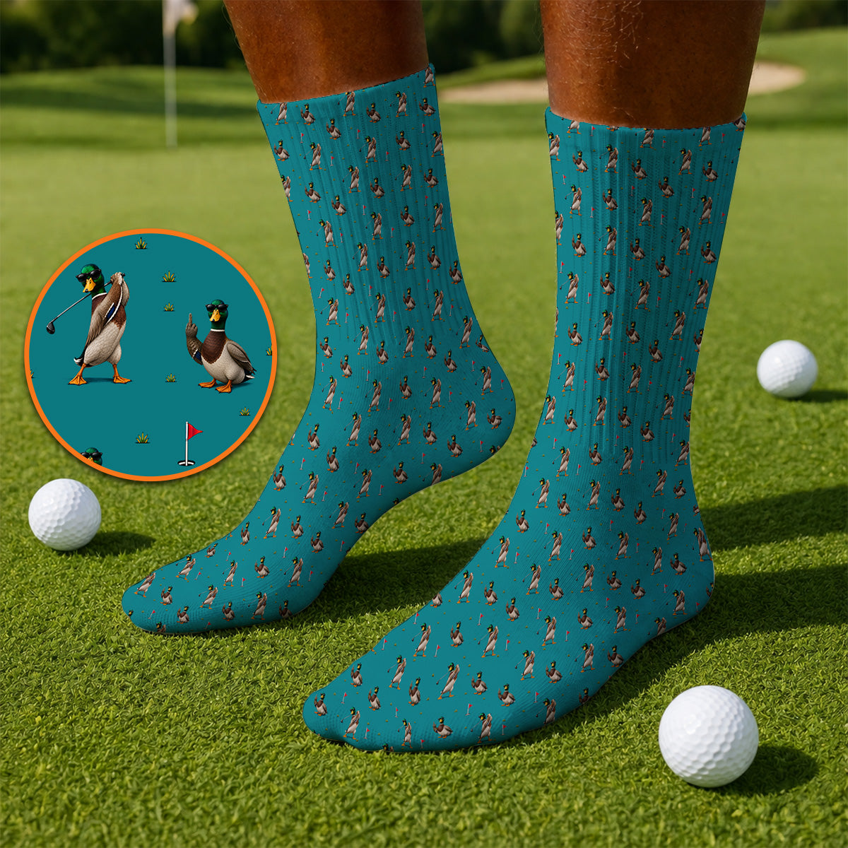 Funny Mallard Duck Golf Socks, Waterfowl Golf Pattern Sock, Gift For Duck Hunting & Golf Lovers