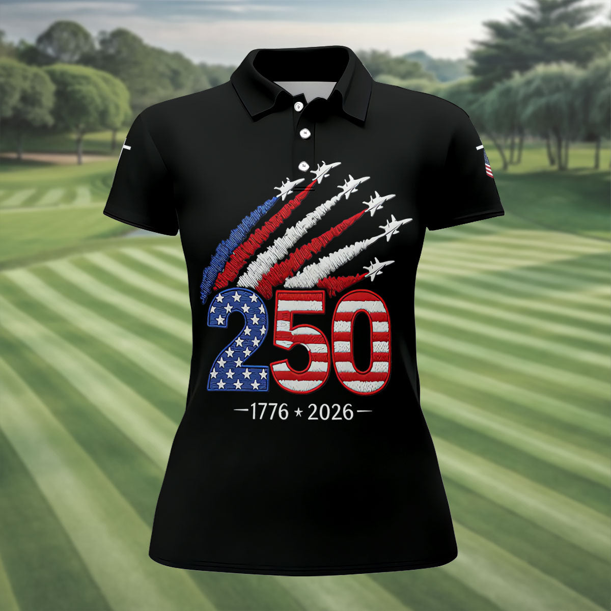 Flying Fighter Jets Faith Cross Patriotic 4th Of July Black Golf Shirt, 250 Years Golf Shirt For Women