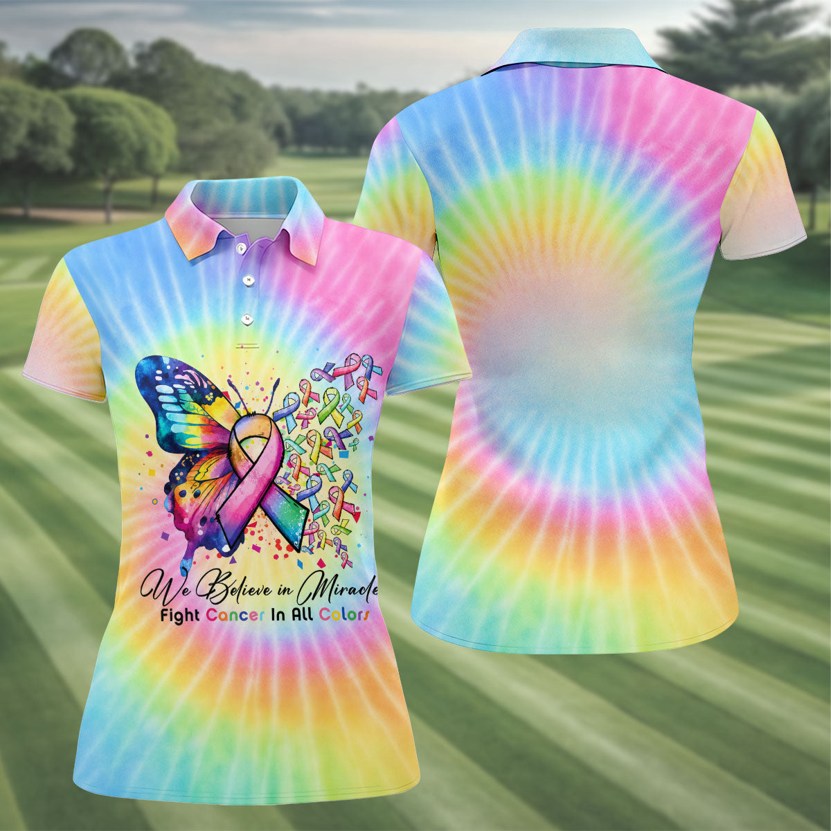 We Believe In Miracles Cancer Ribbon Polo Shirt, Women's Golf Polo, Golf Tops For Women