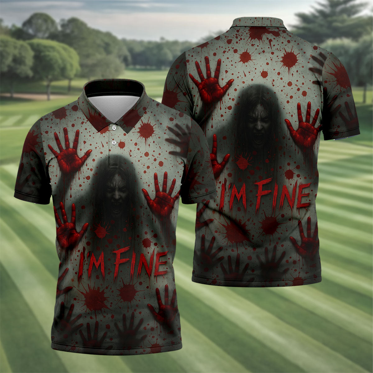 I'm Fine Horror Blood Hand Ghost Halloween Golf Polo Shirt, Printed Golf Shirts For Men
