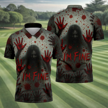I'm Fine Horror Blood Hand Ghost Halloween Golf Polo Shirt, Printed Golf Shirts For Men