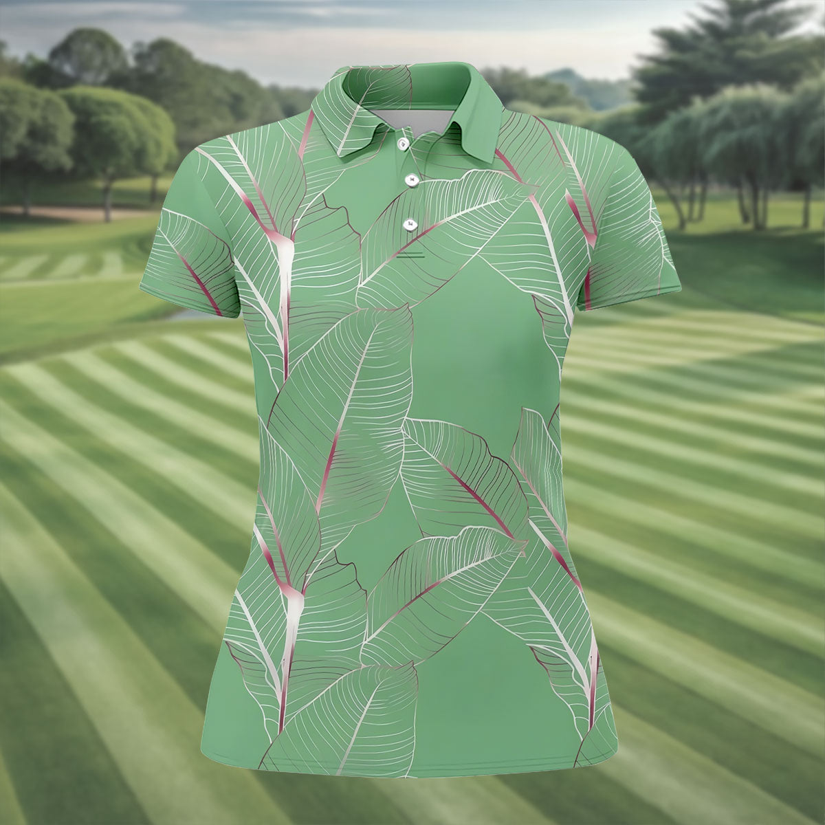 Tropical Leaves Green Golf Shirt, Summer Hawaiian Golf Shirt, Golf Shirt For Women