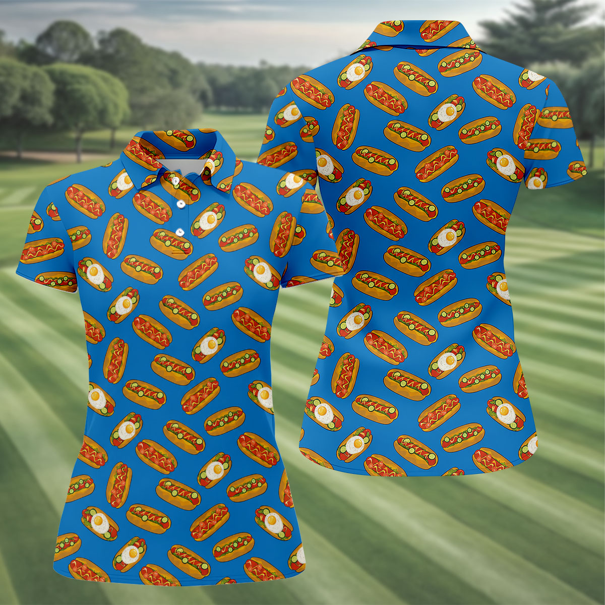 Blue Hot Dog And Fried Egg Pattern Golf Shirt, Hawaiian Golf Shirt, Golf Tops For Women, Printed Golf Shirt