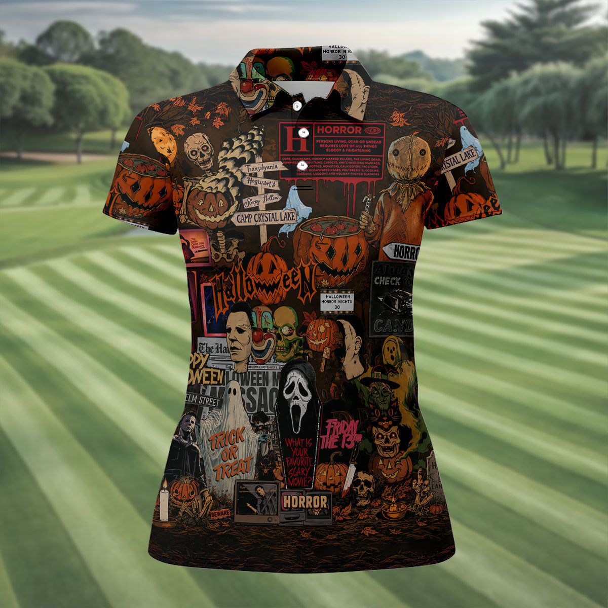 Horror Character Halloween Collage Golf Polo Shirt, Womens Golf Apparel, Ladies Golf Tops