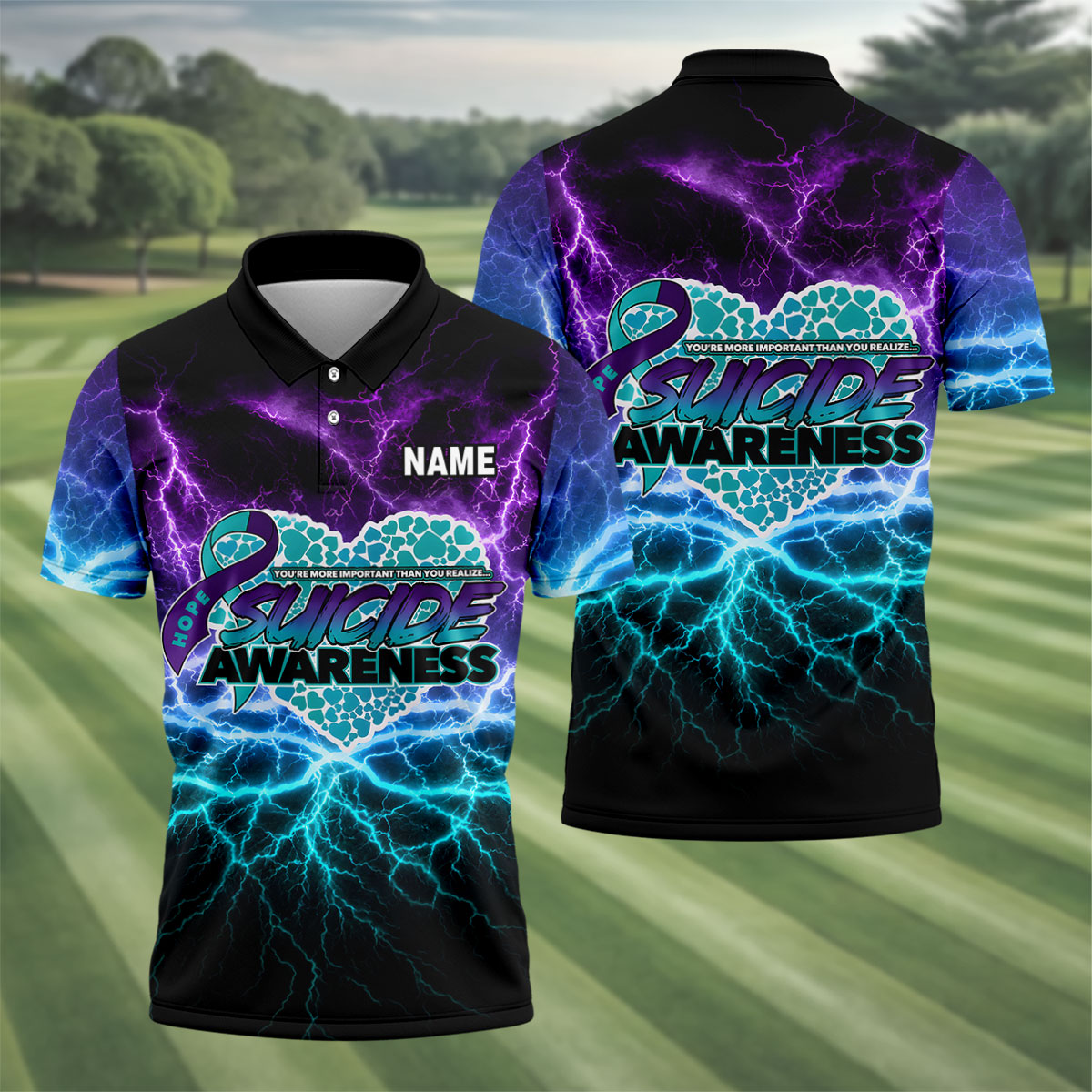 Suicide Awareness Hope Ribbon Lightning Golf Polo Shirt, Mens Golf Polo, Golf Shirts For Men