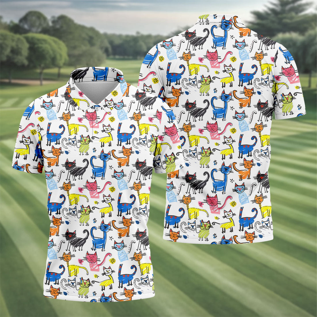 Cartoon Cat Golf Shirt, Colorful Doodle Cat Pattern, Polo Shirts For Men