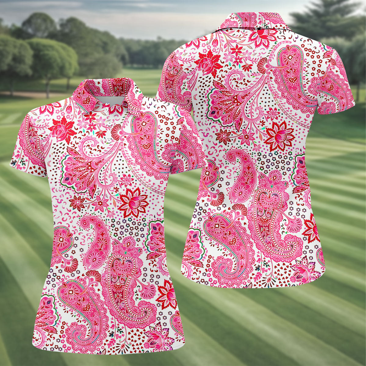 Pink Paisley Floral Pattern Golf Shirt, Golf Tops For Women, Hawaiian Golf Shirt, Women’s Golf Apparel