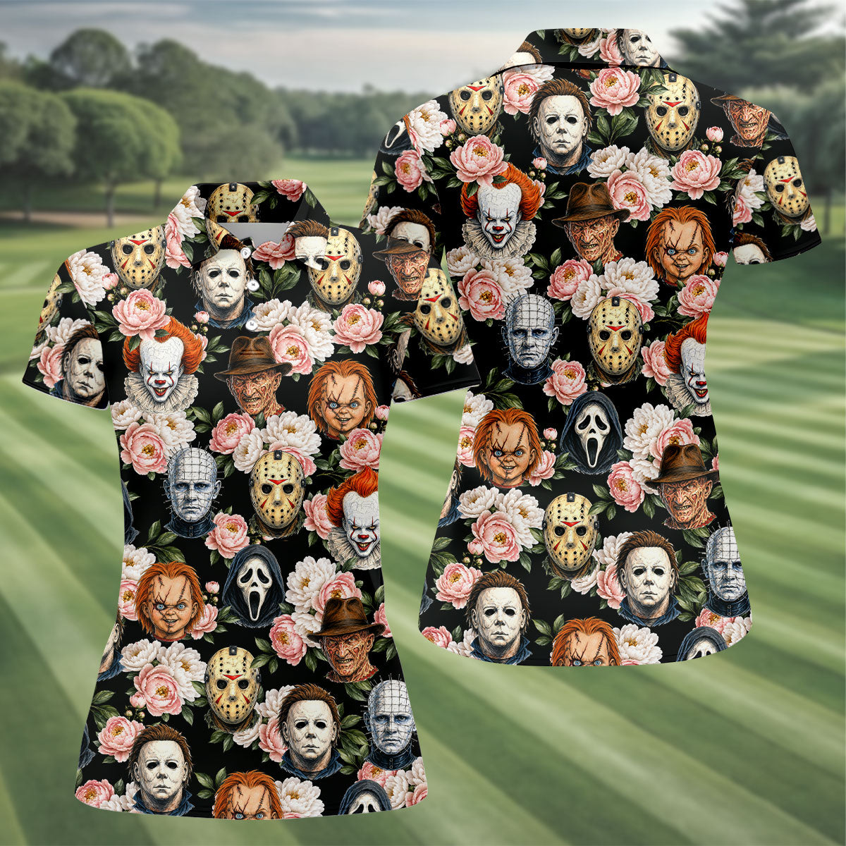 Horror Icons Floral Hawaiian Golf Shirt, Women's Golf Tops, Ladies Golf Shirts