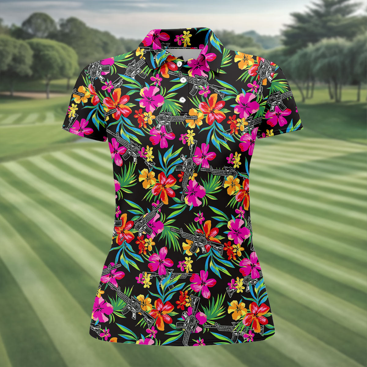 Black Tropical Floral Rifle Pattern Golf Polo Shirt, Golf Shirts For Women, Women's Golf Polo