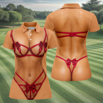Funny Red Ribbon Lingerie Costume Polo Shirt, Ladies Golf Shirts, Women’s Golf Apparel