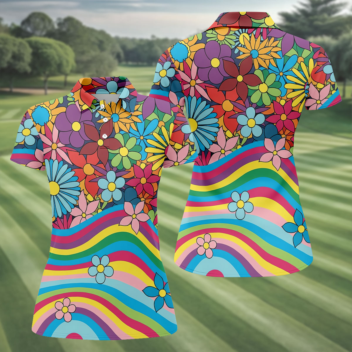 Retro Rainbow Floral Hippie Hawaiian Golf Shirt, Golf Shirts For Women, Women’s Golf Apparel