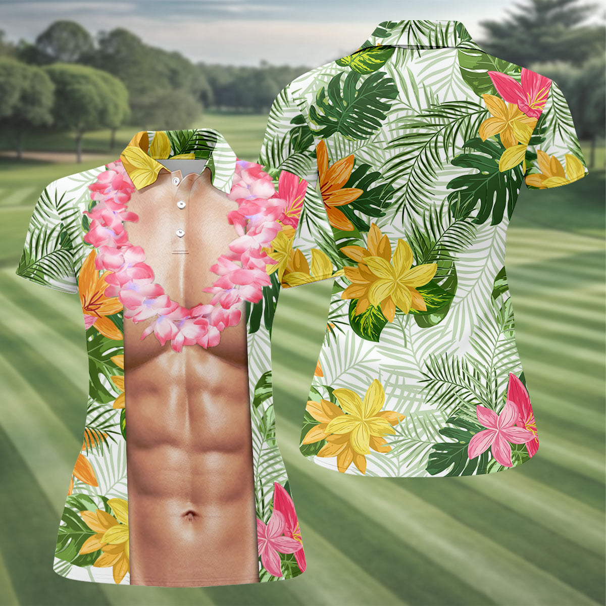 Light Skin Tropical Muscle Chest Hawaiian Golf Polo Shirt, Golf Shirts For Women, Women's Golf Apparel