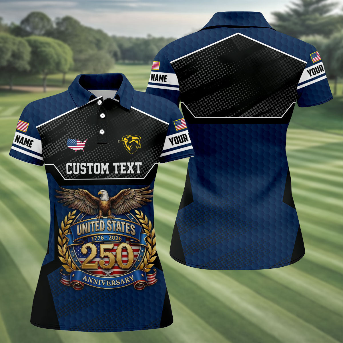 US 250 Anniversary Patriotic 4th Of July Navy Golf Shirt, Ladies Golf Shirts, Golf Shirt For Women