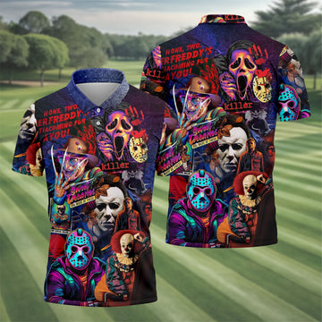 Vintage Horror Character Movie Villain Collage Golf Polo Shirt, Mens Golf Polo, Hawaiian Golf Shirt