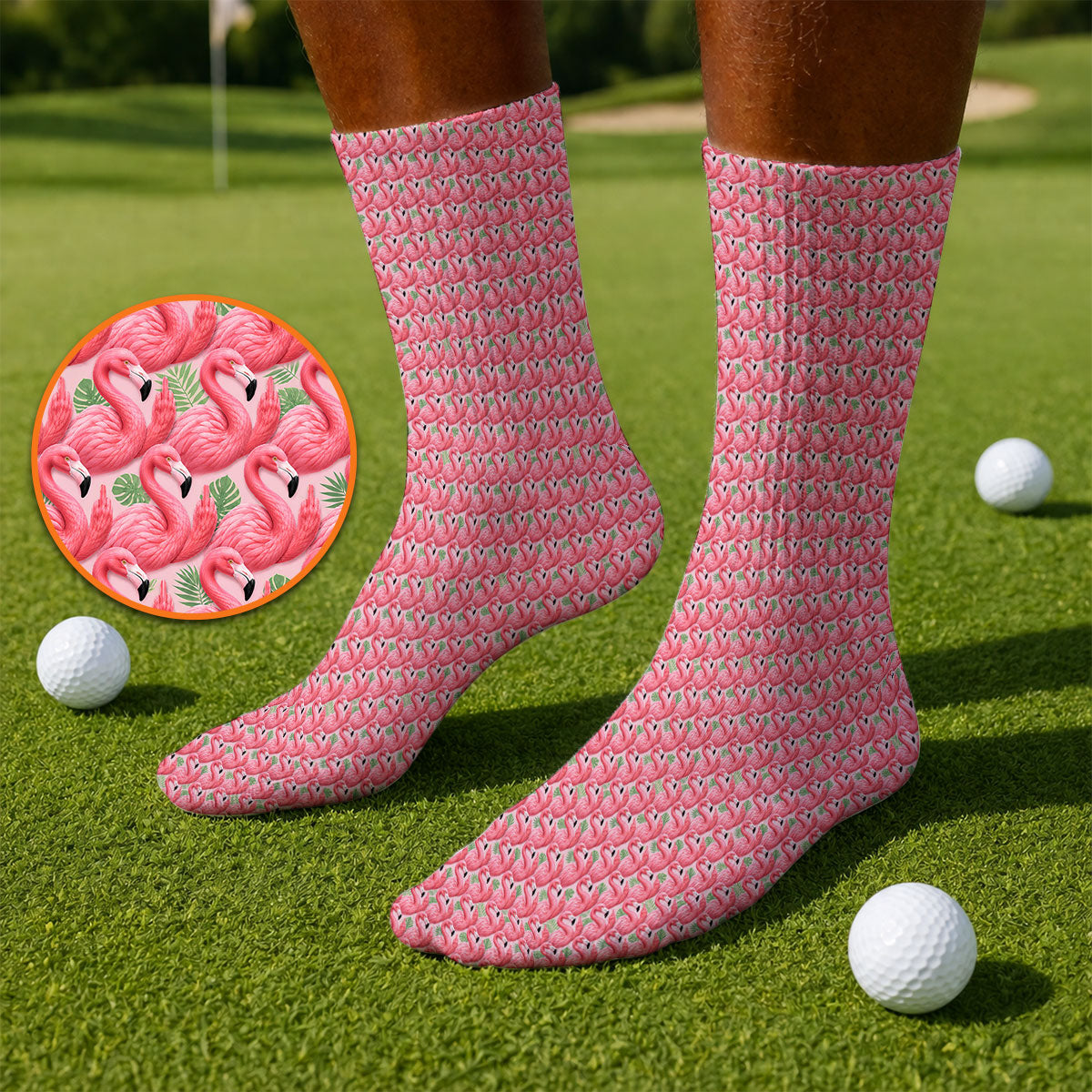 Crazy Flamingo Golf Socks, Pink Tropical Pattern Golf Crew Sock, Funny Golf Gift For Golfer
