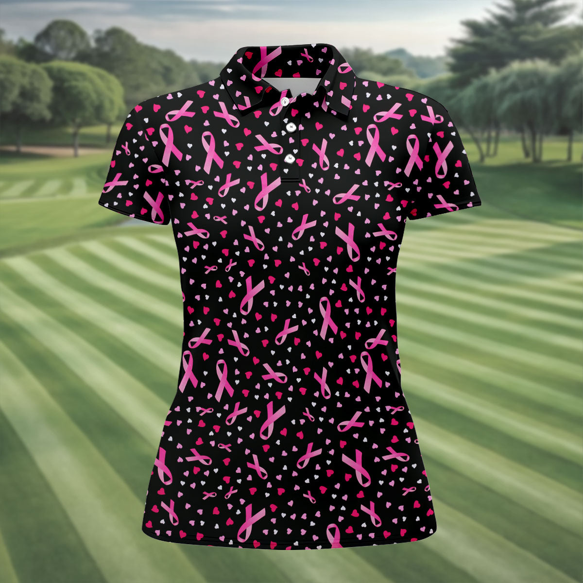 Black Pink Ribbon Heart Breast Cancer Polo Shirt, Ladies Golf Shirt, Women's Golf Tops