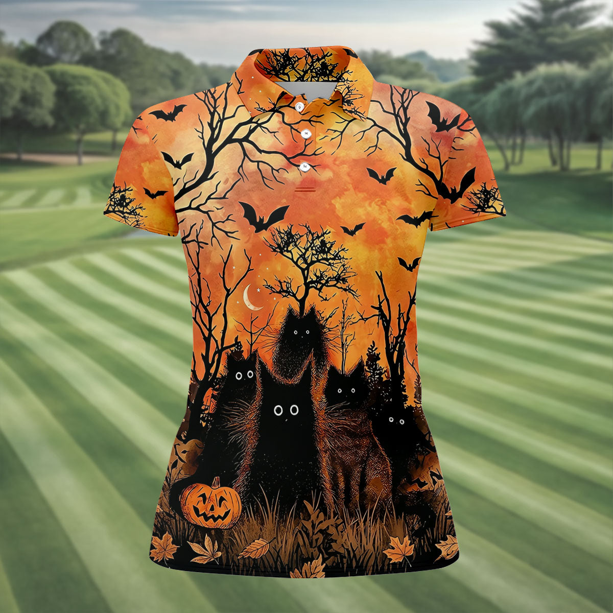 Spooky Black Cat Halloween Golf Polo Shirt, Women's Golf Polo, Ladies Golf Shirts