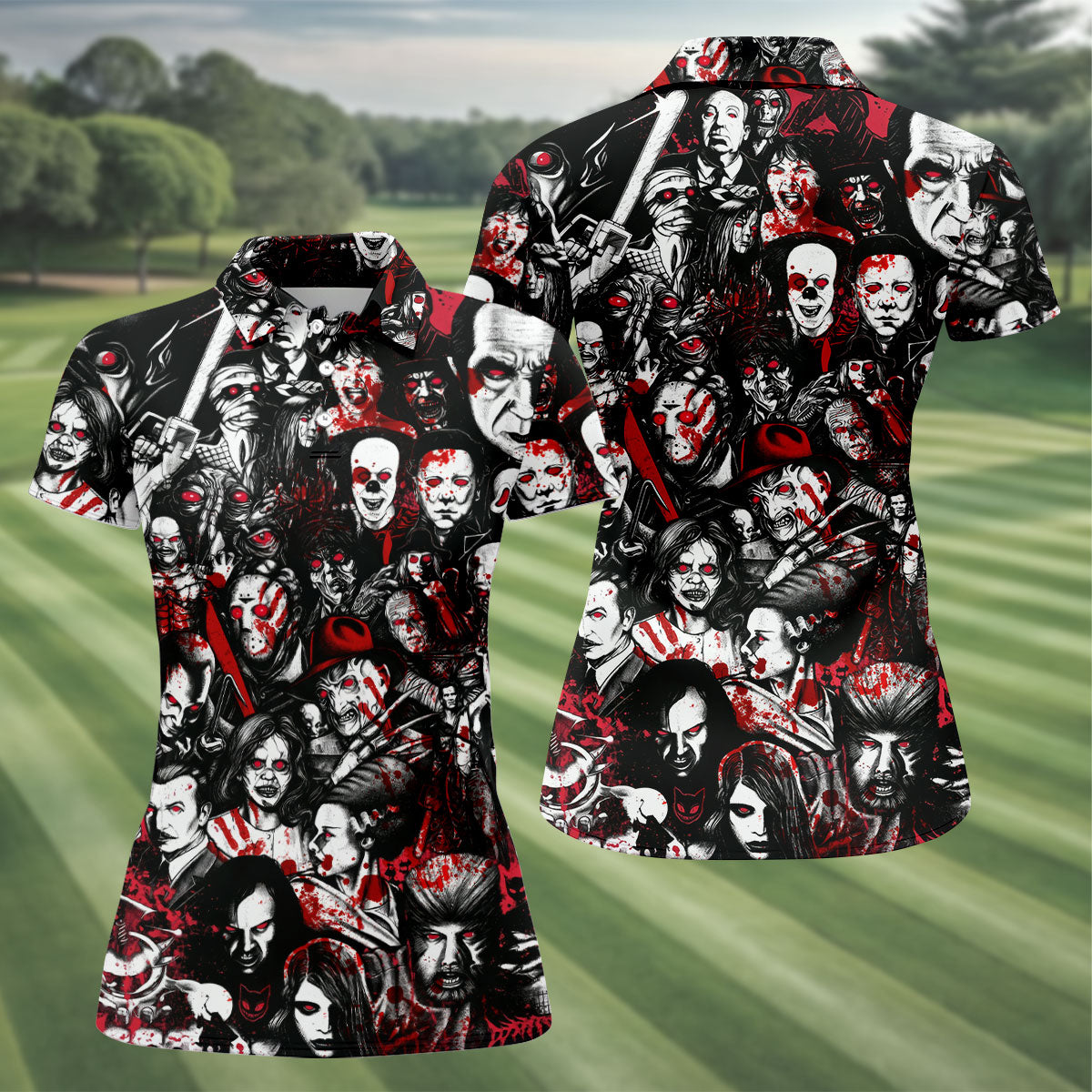 Horror Character Pattern Golf Polo Shirt, Women's Golf Apparel, Halloween Tops For Women
