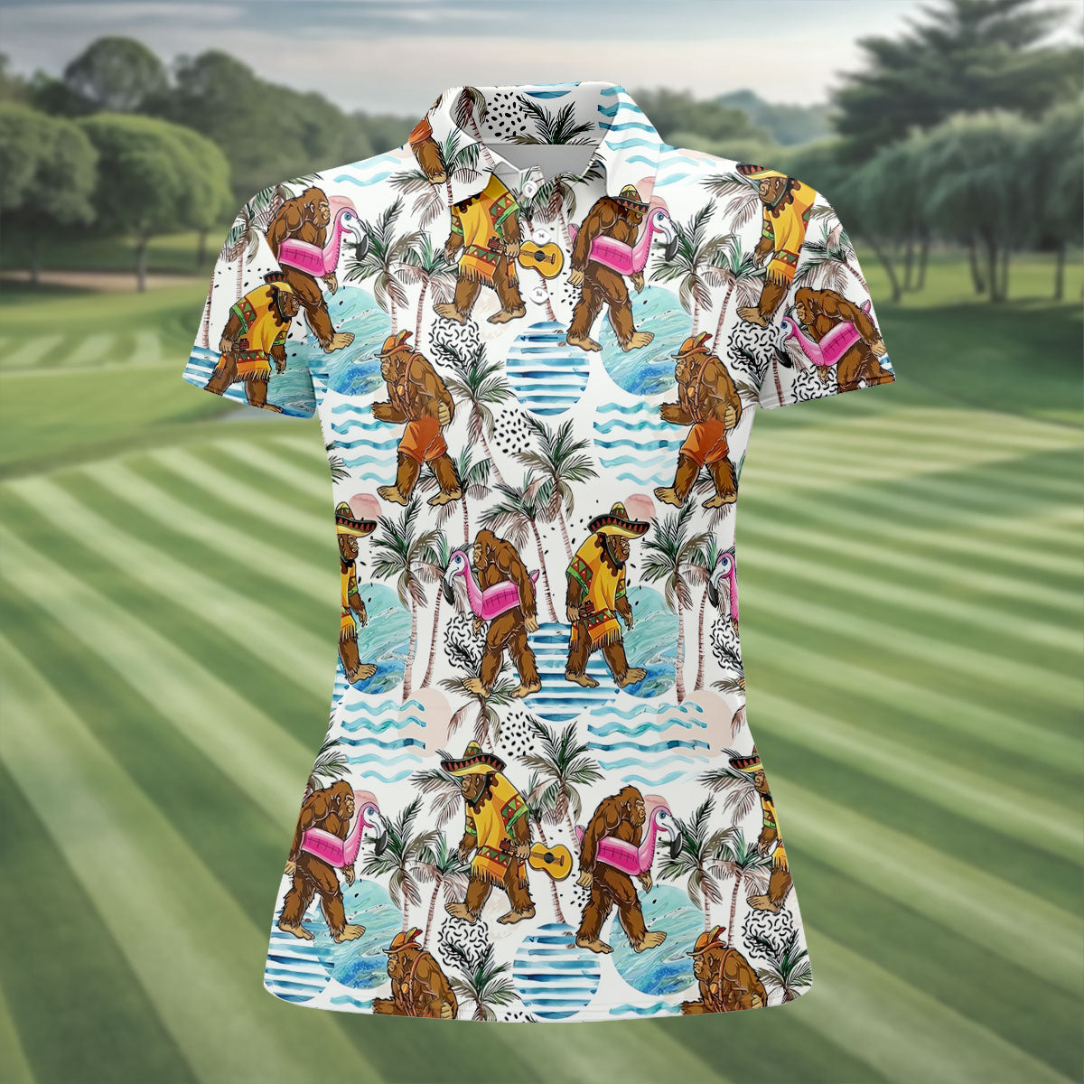 Bigfoot With Flamingo Float And Guitar Tropical Pattern Hawaiian Golf Polo, Golf Tops For Women, Golfing Apparel