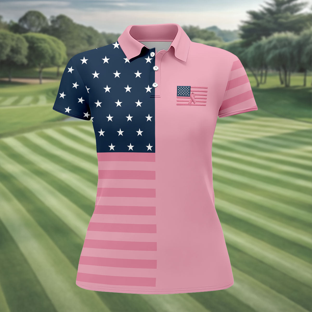 Printed Pink USA Flag Breast Cancer Polo Shirt, Golf Tops For Women, Printed Golf Shirt