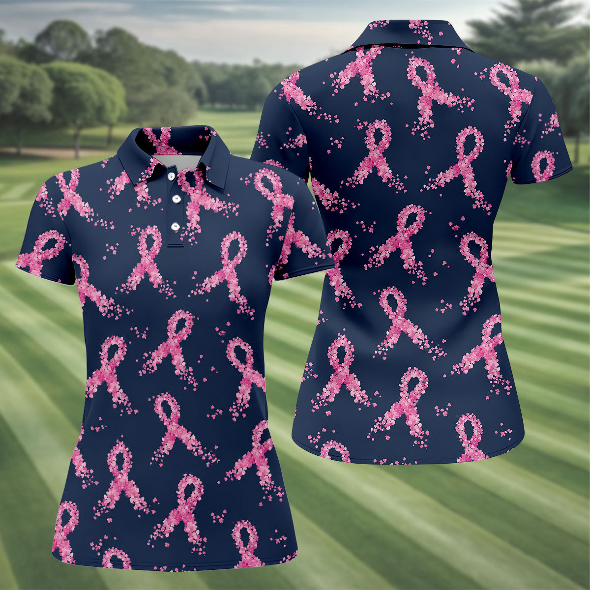 Pink Floral Ribbon Breast Cancer Awareness Polo Shirt, Ladies Golf Shirt, Performance Golf Shirt
