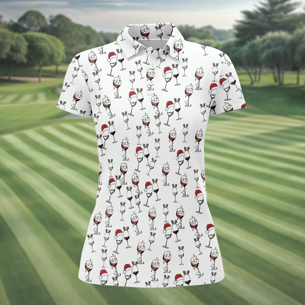 Christmas Wine Glass With Colorful Lighting White Golf Shirt, Christmas Golf Shirt, Women's Golf Tops