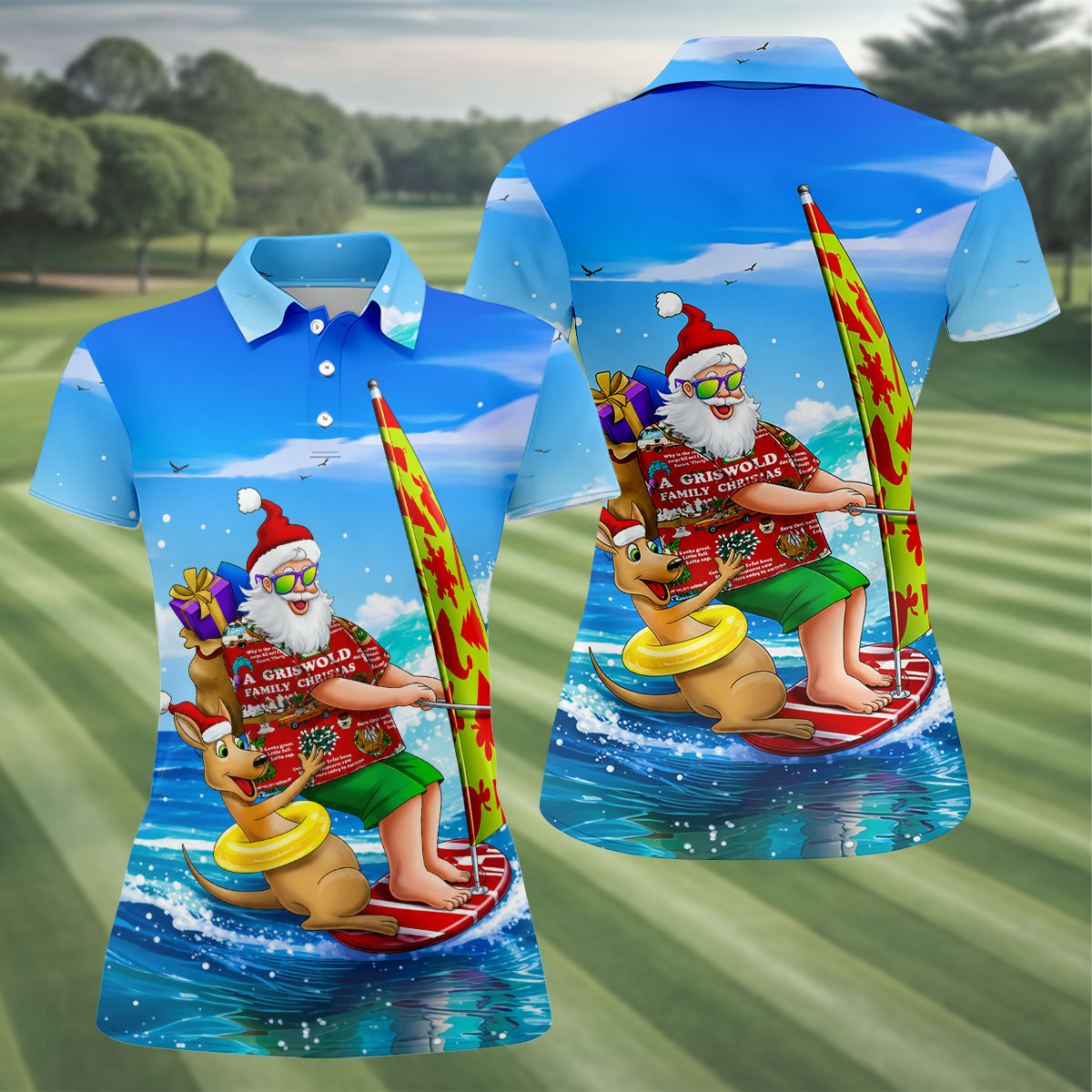 Santa And Reindeer Beach Surfing Christmas Golf Shirt, Women's Golf Tops, Hawaiian Golf Shirt