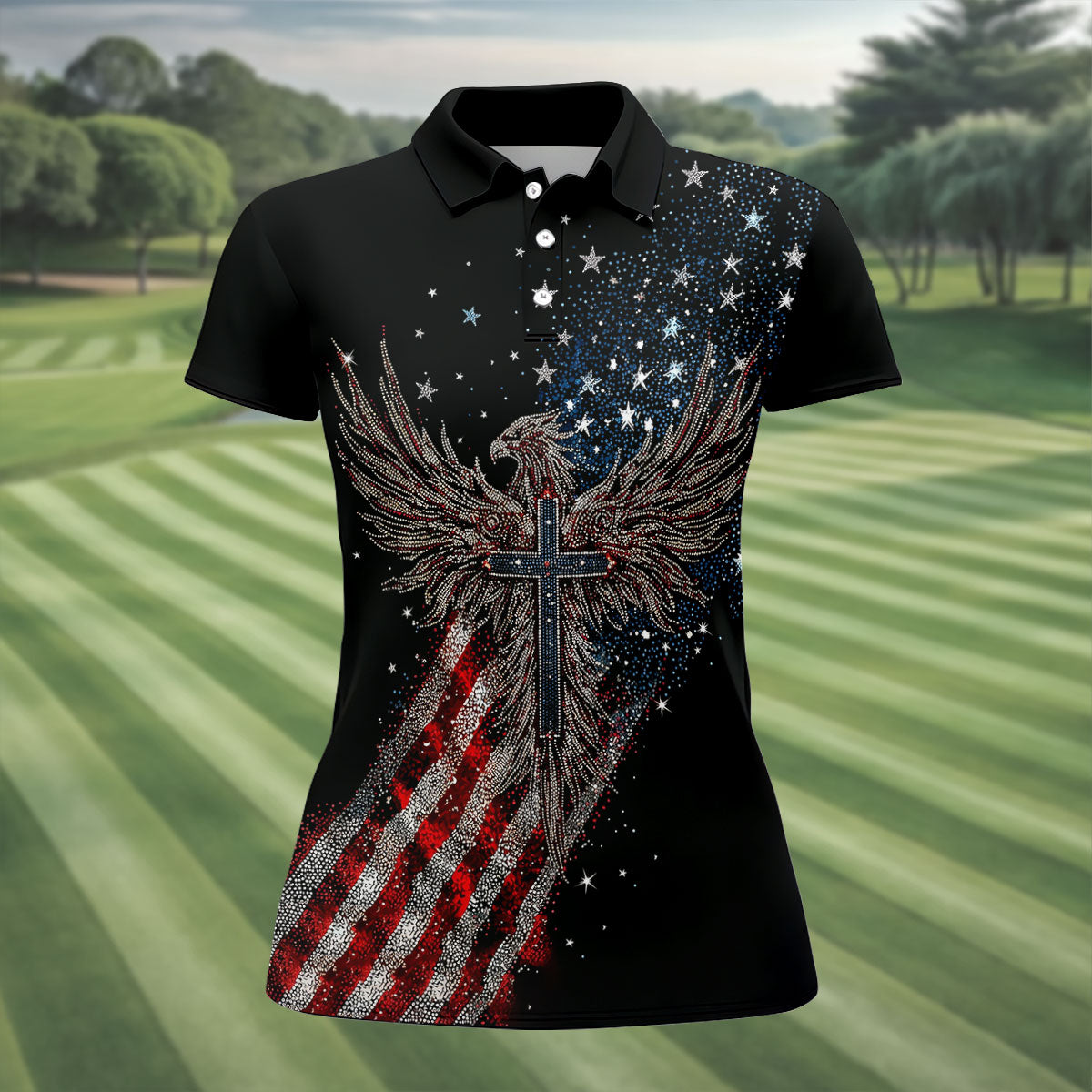 Faith Cross Patriotic Eagle Rhinestones Pattern 4th Of July Golf Shirt, 250 Years Golf Shirt For Women