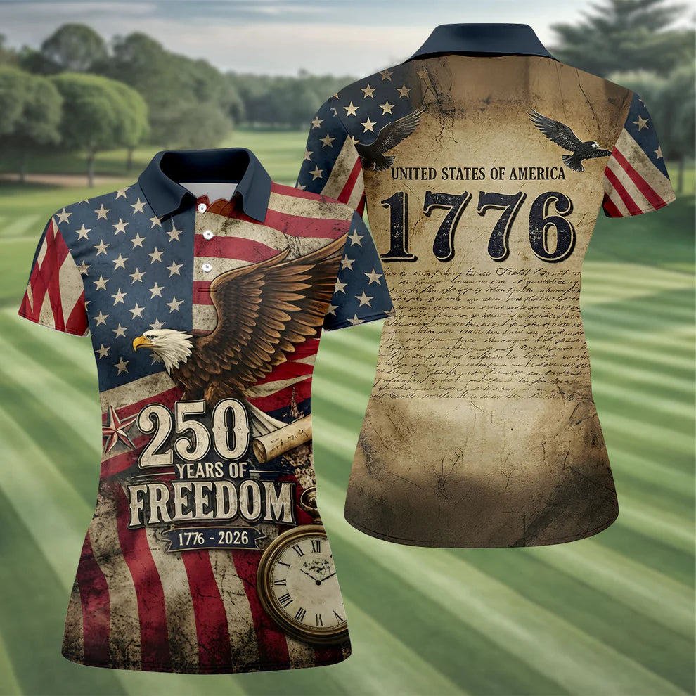 250 Years Of Freedom US Bald Eagle Retro US Flag Ladies Golf Tops, Patriotic 4th Of July Golf Shirt For Women
