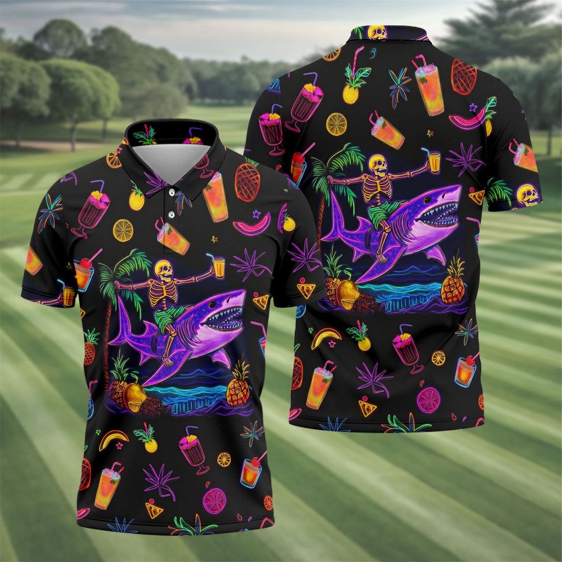 Neon Shark Beach Party Pattern Hawaiian Golf Shirt, Golf Shirts For Men, Polo Shirts For Men