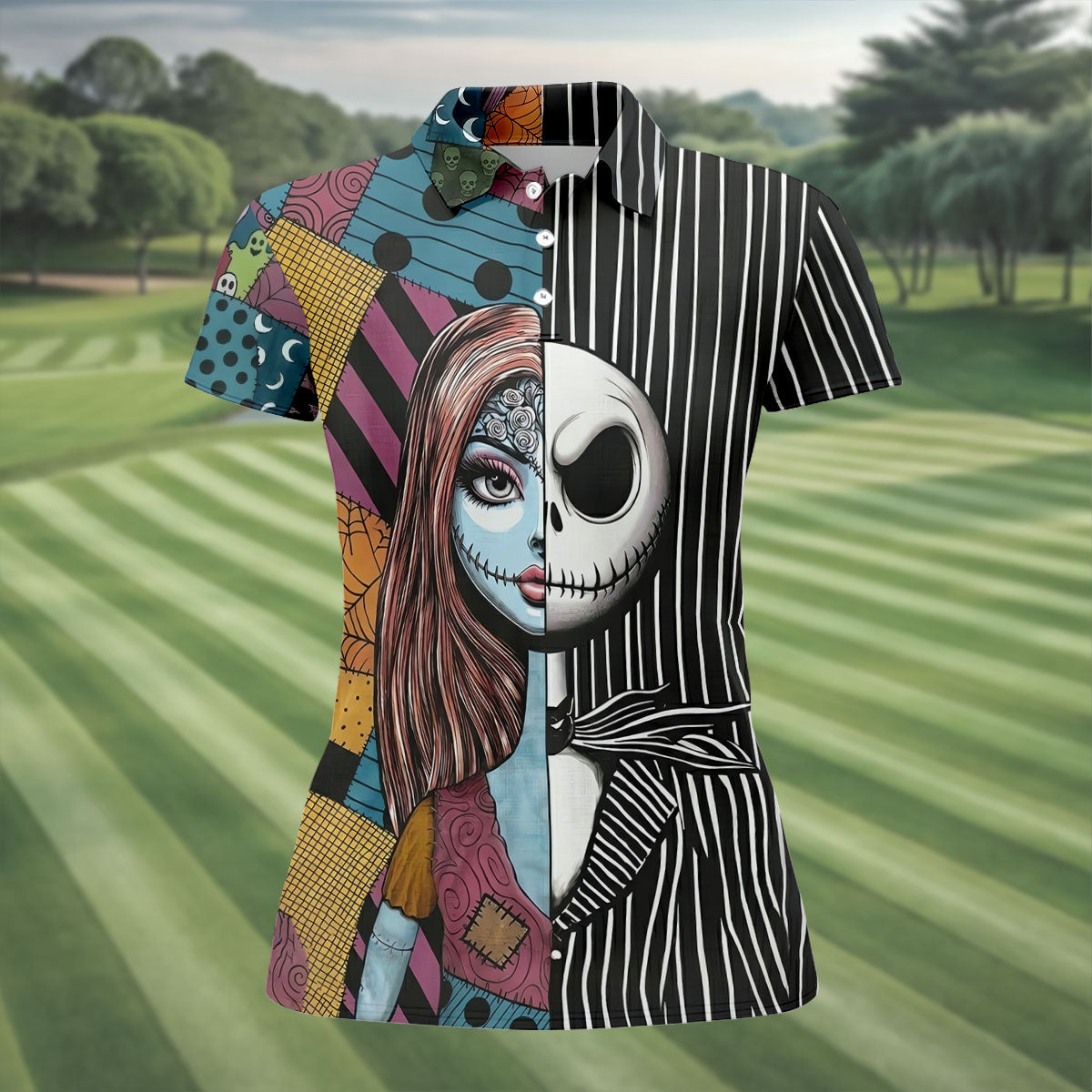 Half Sally And Jack Horror Character Golf Polo Shirt, Women's Golf Polo, Ladies Golf Shirts