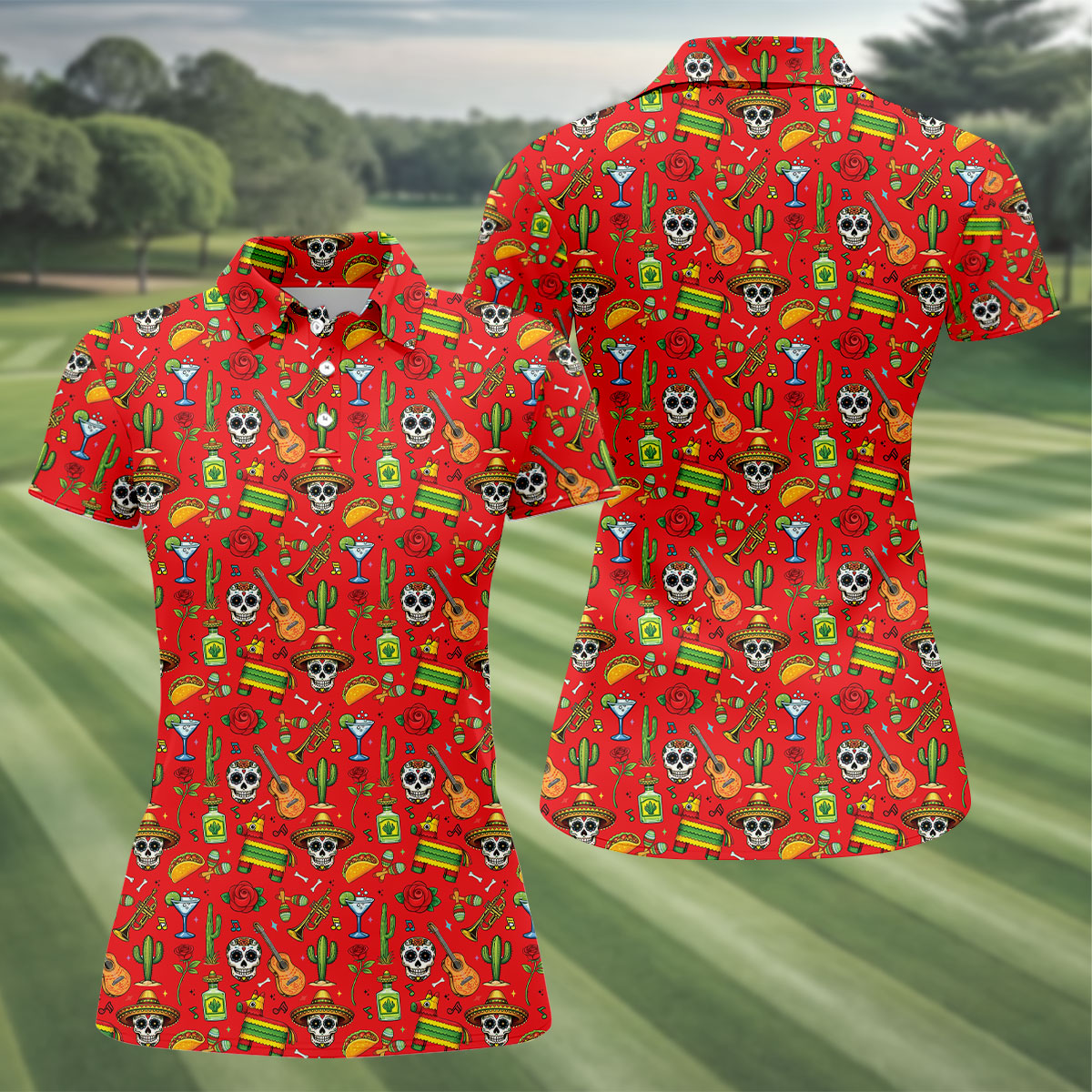 Decorated Skulls Party Items Cinco De Mayo Celebration Fiesta Themed Red Golf Shirt For Women